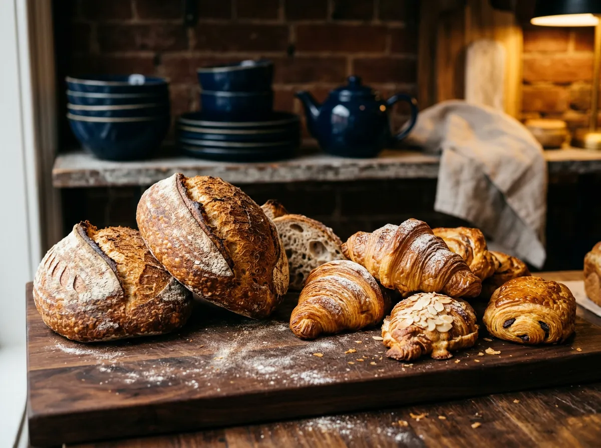 Freshly baked sourdough loaves, croissants and pastries on a wooden board