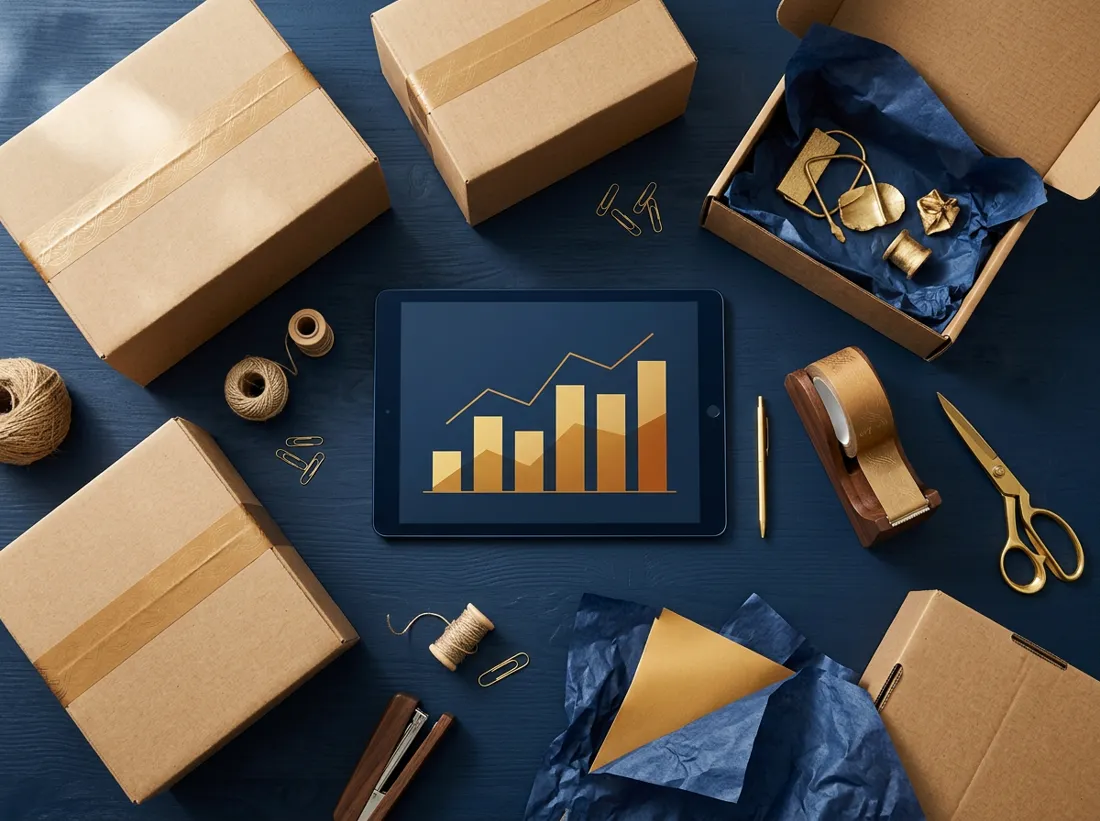 Shipping parcels, packing materials and a tablet showing sales growth on a navy desk